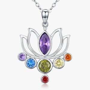 925 Sterling Silver Lotus Pendant Necklace with Multicolor Gemstones